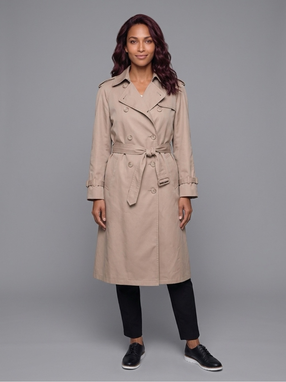 London Fog Women’s Classic Beige Trench Coat Timeless Double-Breasted Style